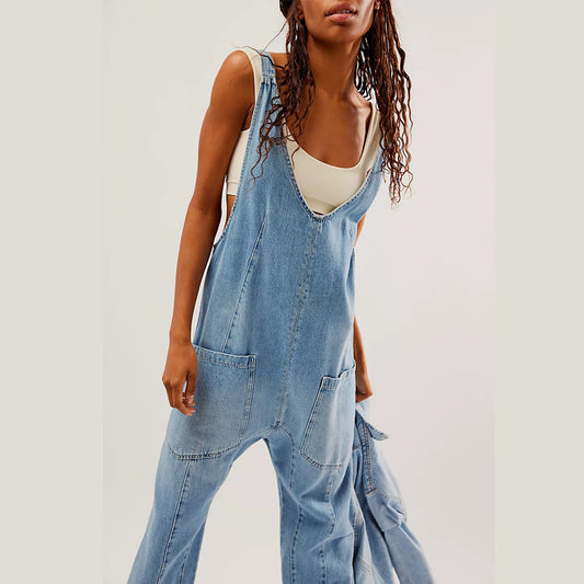 European And American Autumn And Winter Washed Denim V-neck One-piece Trousers Adjustable