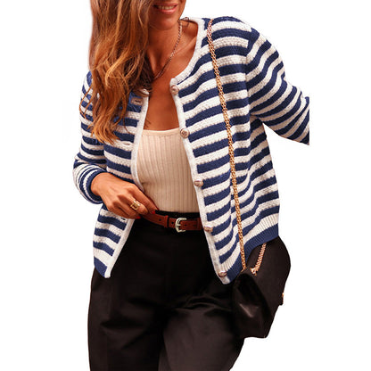 Pull Cardigan Rayé Contrasté Femme