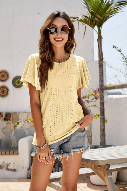 Eyelet Flutter Sleeve Short Sleeve Top