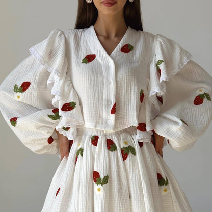 Costume de jupe courte imprimé fraise à volants en coton pour femmes