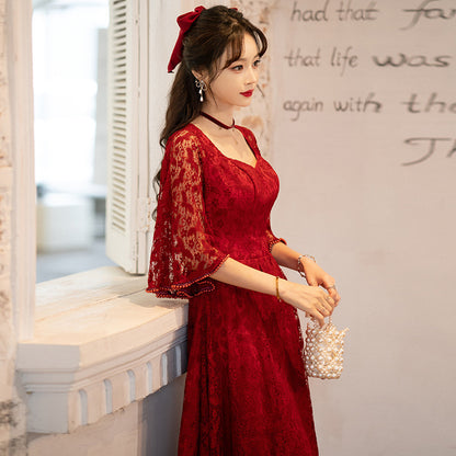 Women's Fashion Wine Red Lace Dress