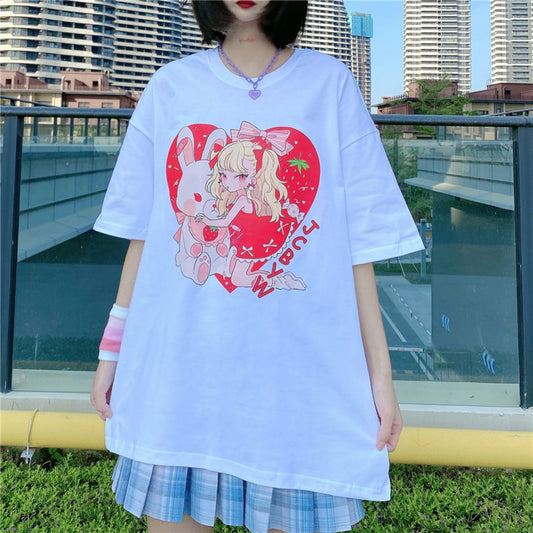 Camiseta holgada de manga corta con estampado de amor para mujer, camiseta creativa Super Fire para estudiante