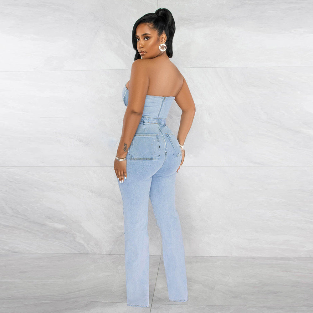 Women's V-Neck Denim With Hole Zip Pocket Jumpsuit