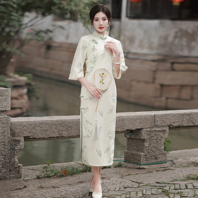 Apricot Lace Embroidery Bell Sleeve Dress Cheongsam