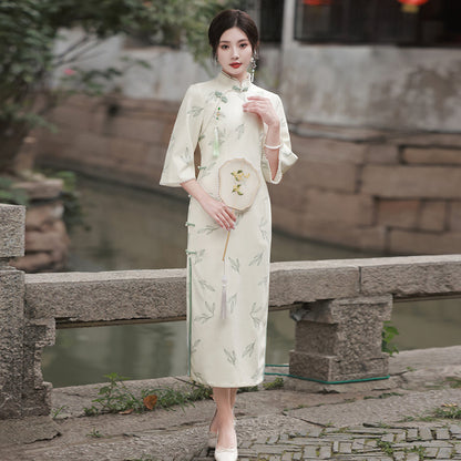 Apricot Lace Embroidery Bell Sleeve Dress Cheongsam