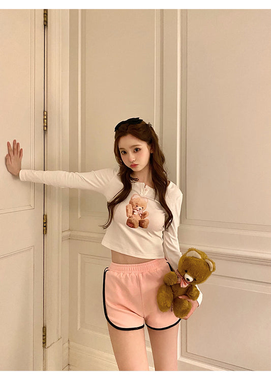 Cute Age Reduction Bear Print T-shirt Women's Spring Long Sleeves