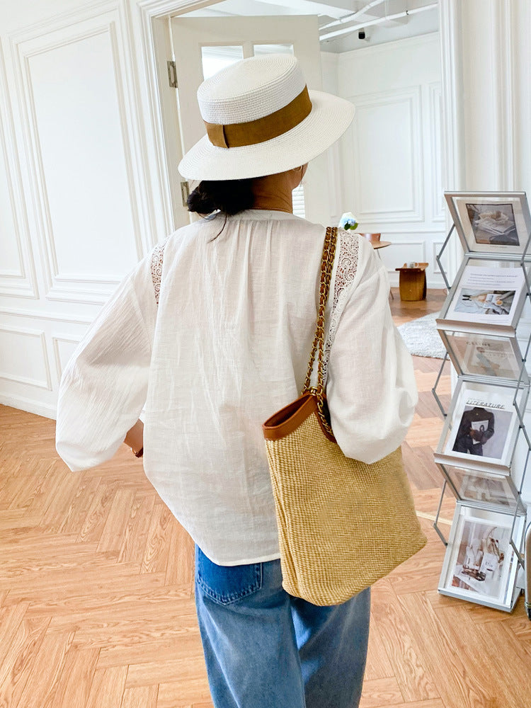 Camisa blanca francesa de manga larga para mujer