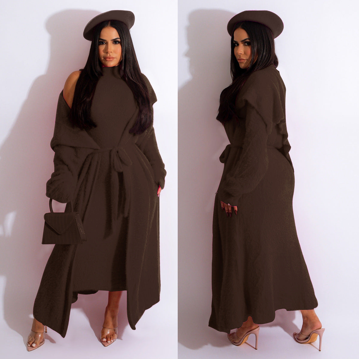 Autumn And Winter Elegant Dress Long Cardigan Velvet Two-piece Suit