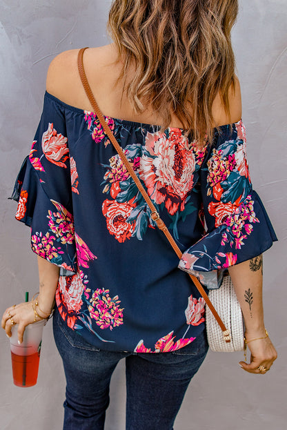 Printed Off-Shoulder Flounce Sleeve Top