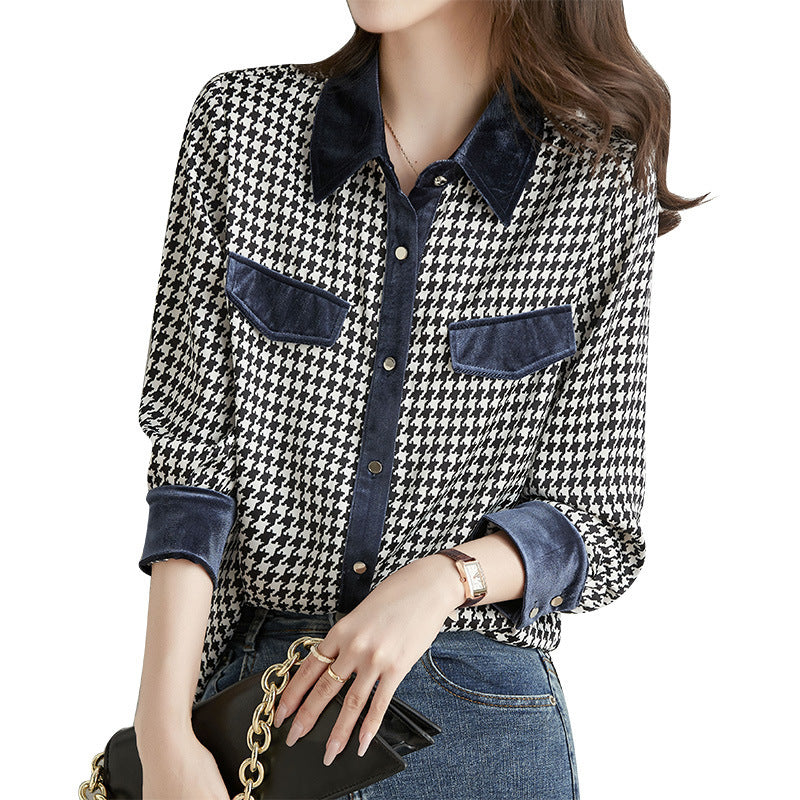 Patchwork Check Vintage Long Sleeve Lapel Shirt