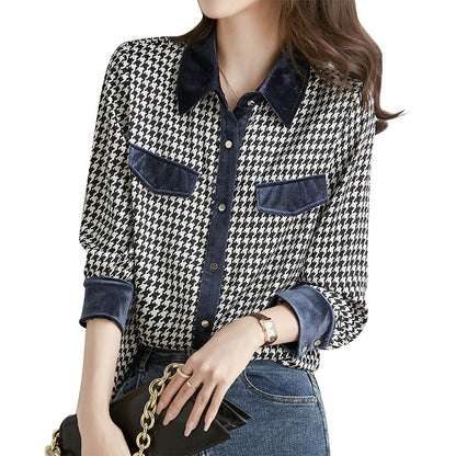 Patchwork Check Vintage Long Sleeve Lapel Shirt