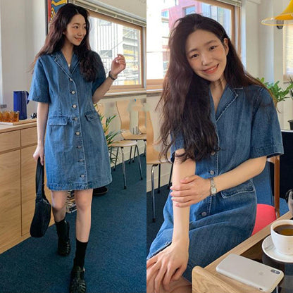 Women's Loose Double Pocket Small Short Sleeve Denim Dress