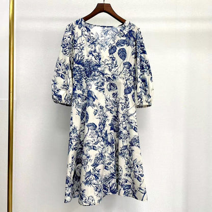 V-neck Mid-sleeve Cotton Blue And White Porcelain Print Dress