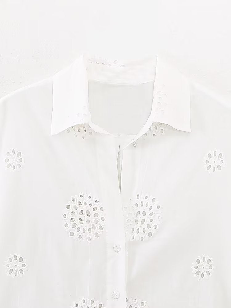 Women's Lapel Embroidery Solid Color Loose Shirt