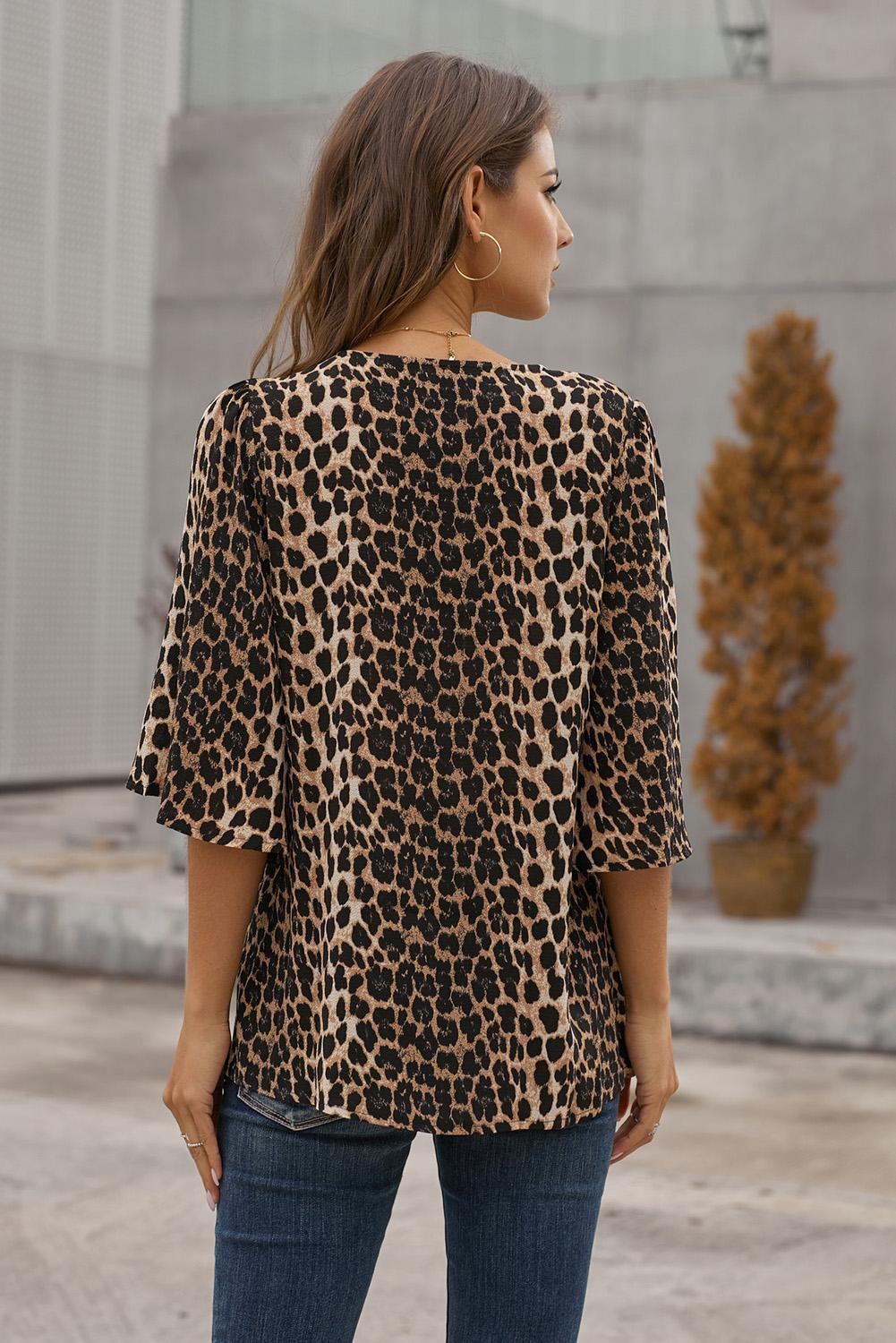 Printed Button Front Flare Sleeve Blouse