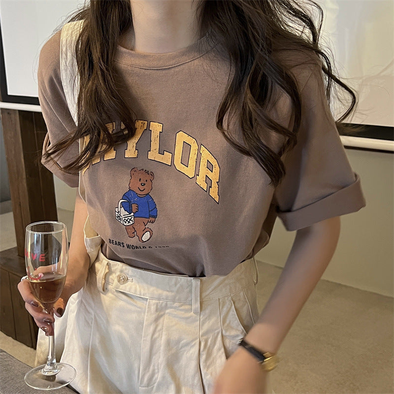 Bear Print Versatile Loose Casual Round Neck Short Sleeve T-Shirt Women