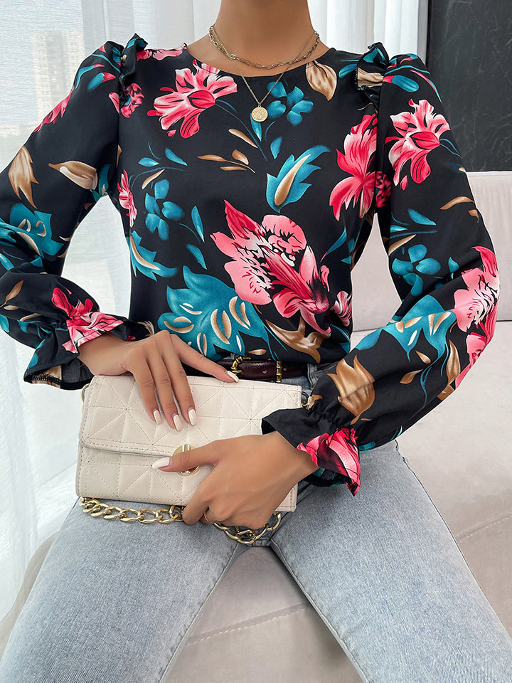 Blusa con volantes y hombros descubiertos con estampado floral