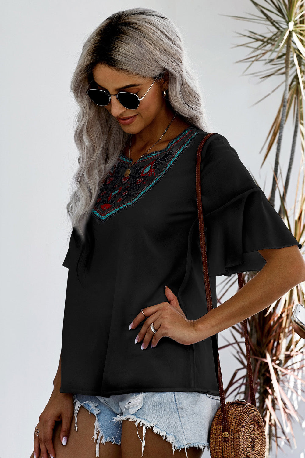 Embroidered Round Neck Half Sleeve Blouse