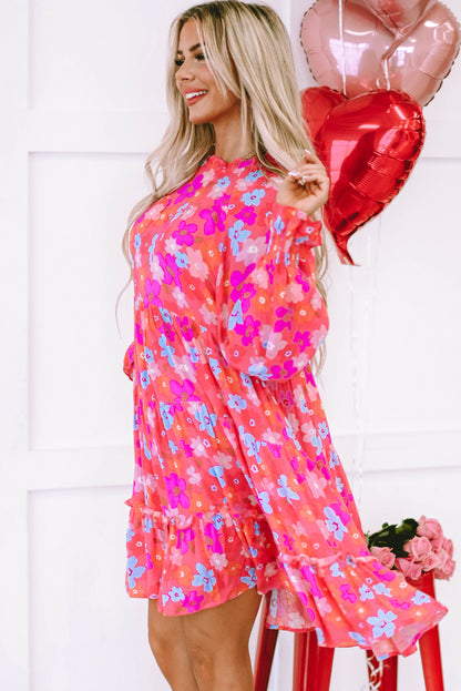 Multicolour Floral Bubble Sleeve Tiered Babydoll Dress