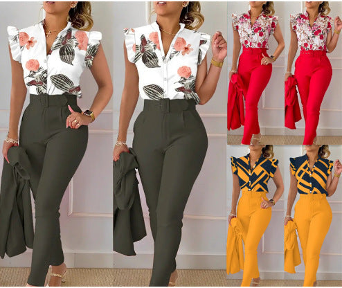 Traje de pantalón de color liso con top de manga con volantes estampado y cinturón