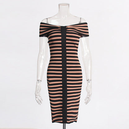 Off-shoulder Striped Mesh Stitching Design Sense Dress