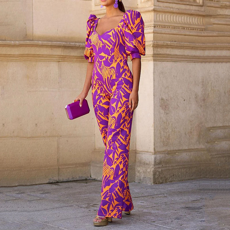 Women's Printed V-neck Lantern Sleeve Jumpsuit