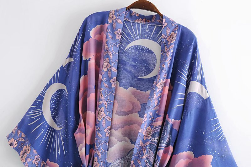 Cardigan ample ceinturé imprimé lune, kimono pour femme