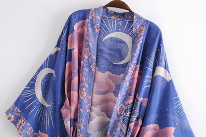 cárdigan holgado con estampado de luna y cinturón kimono para mujer