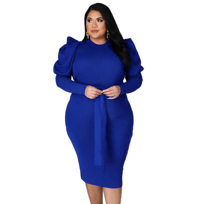 Women's Long Sleeve Belt Slim Fit Plus Size Dress