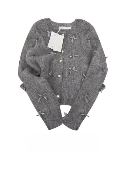 Pull à nœud gris pour femme, Cardigan tricoté en Mohair doux et gluant, élégant, manteau Chanel, automne et hiver