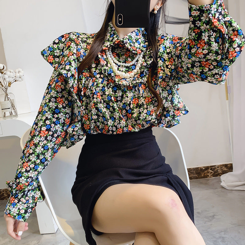 Doll Collar Floral Chiffon Shirt Women Chain Ruffle Top Bottoming Shirt