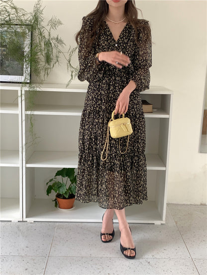 Retro Elegance Chiffon Midi Dress