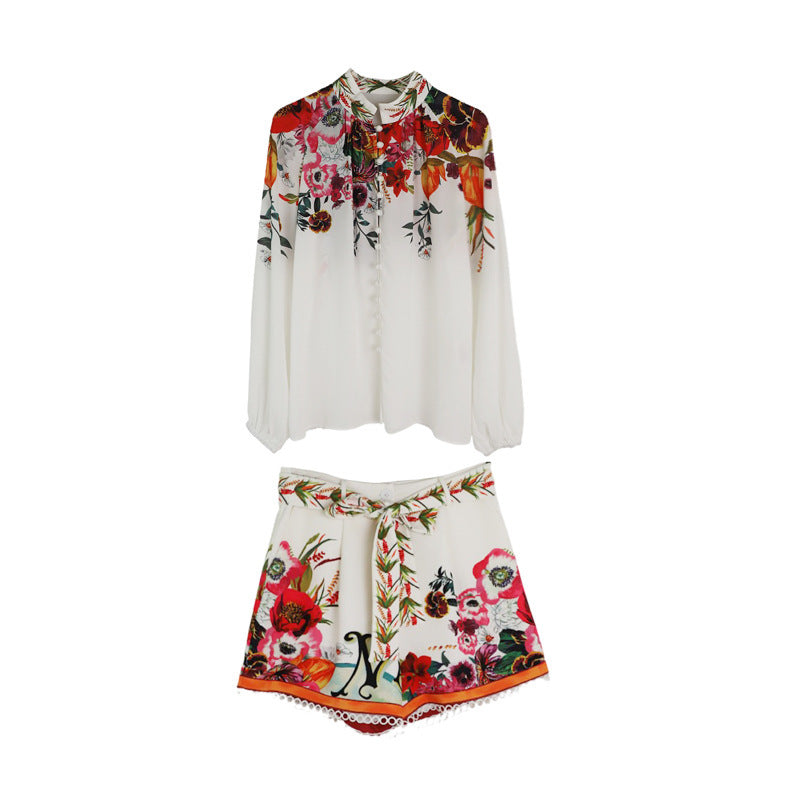 Printed Lantern Sleeve Shirt High Waist Wide Leg Slimming Shorts