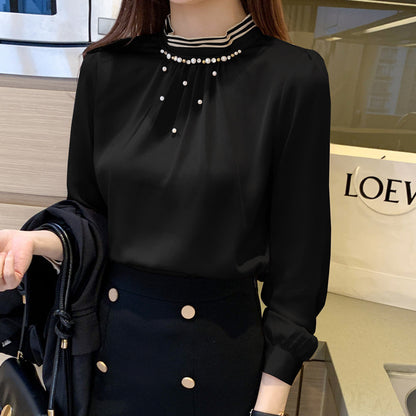 Chiffon Shirt Women's Top Stand Collar Beaded Shirt Loose