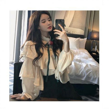 Fashion Western Style Is Thin Lotus Leaf Lantern Sleeve Temperament Shirt Women