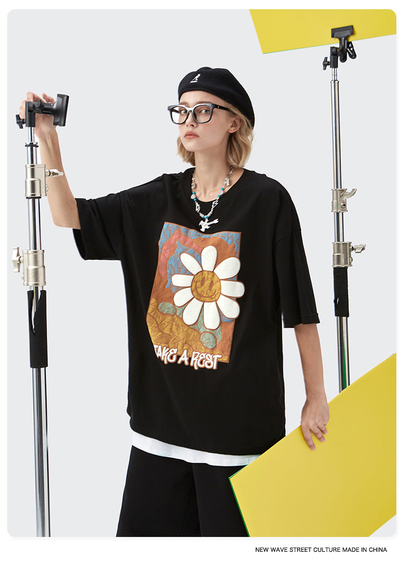 Stereo Foam Print Cartoon Daisy Short-sleeved T-shirt