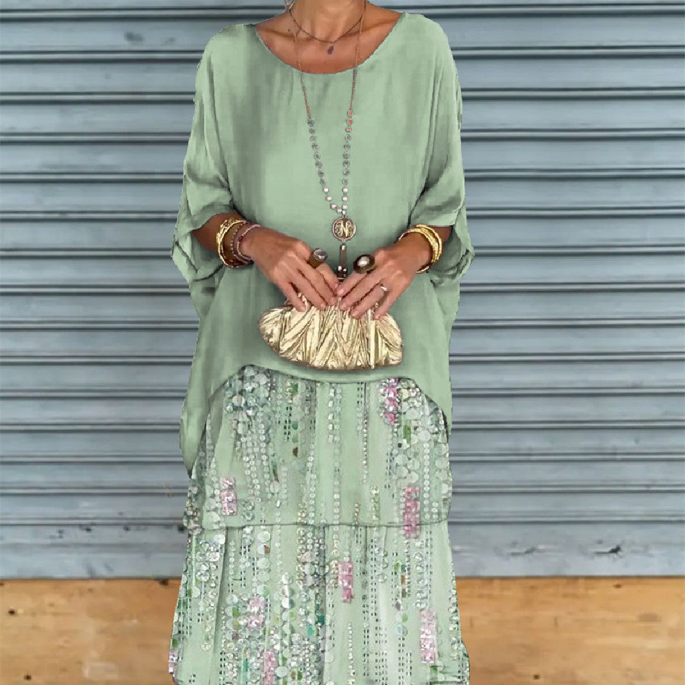 Vestido largo con cuello redondo y manga murciélago de malla de gasa para mujer