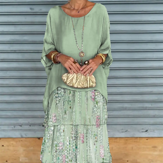 Vestido largo con cuello redondo y manga murciélago de malla de gasa para mujer