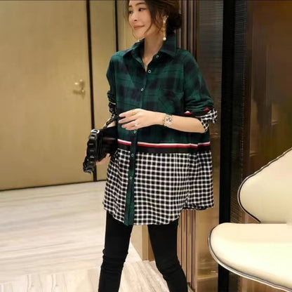 Stitching Plaid Shirt Women Fake Two-piece Tops Tide Western Style