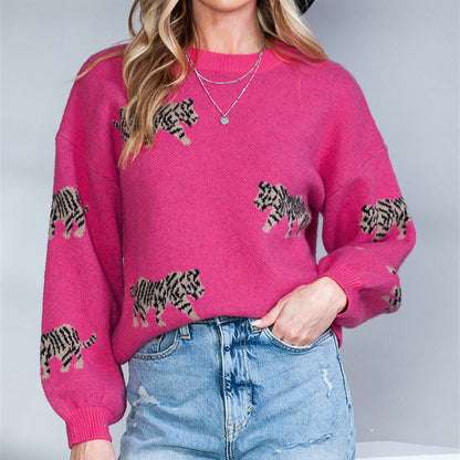 Long Sleeve Personalized Animal Print Pullover Sweater