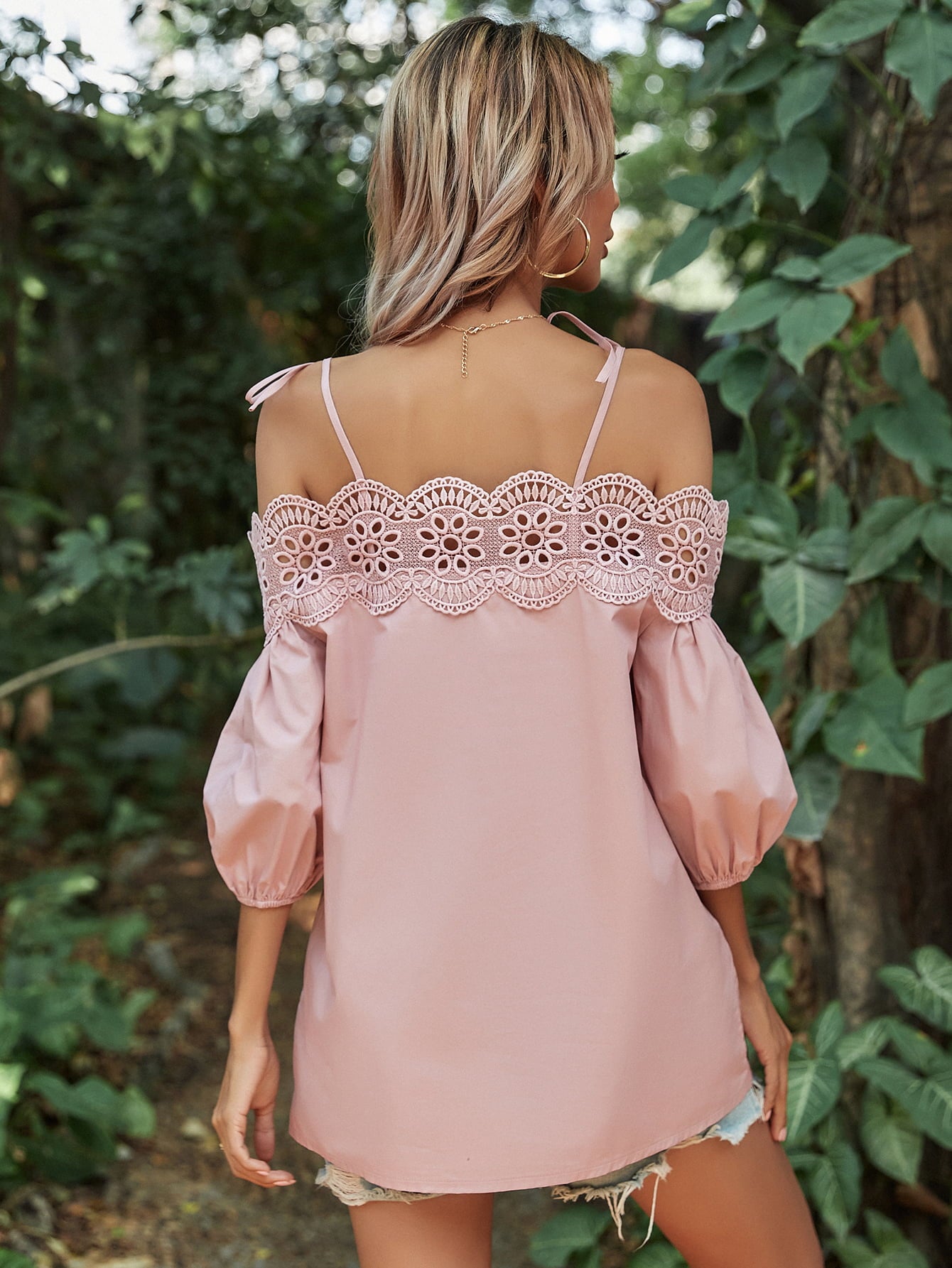 Lace Trim Off-Shoulder Bubble Sleeve Blouse