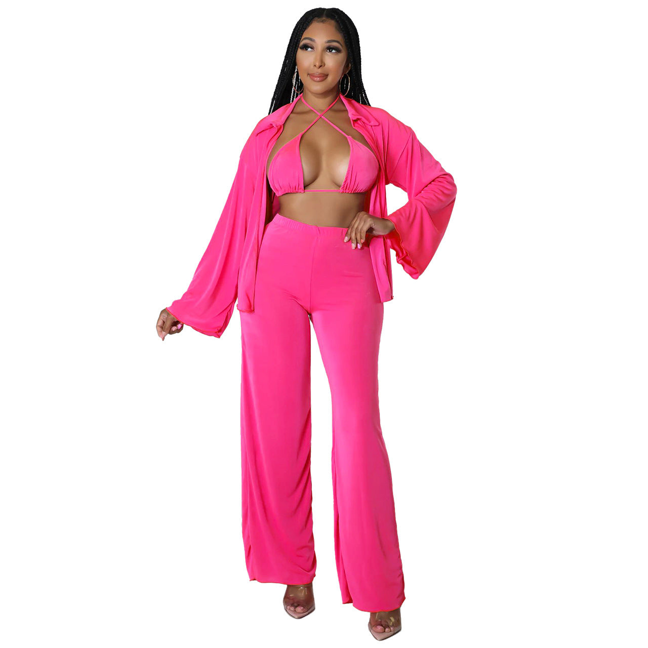 Women's Fashion Casual Long Sleeve Bikini Wide Leg Pants Suit