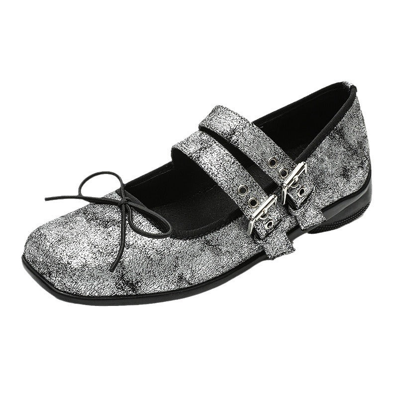 Women's Genuine Leather Silver Mary Jane Shoes Square Toe Vintage Flat Shoes