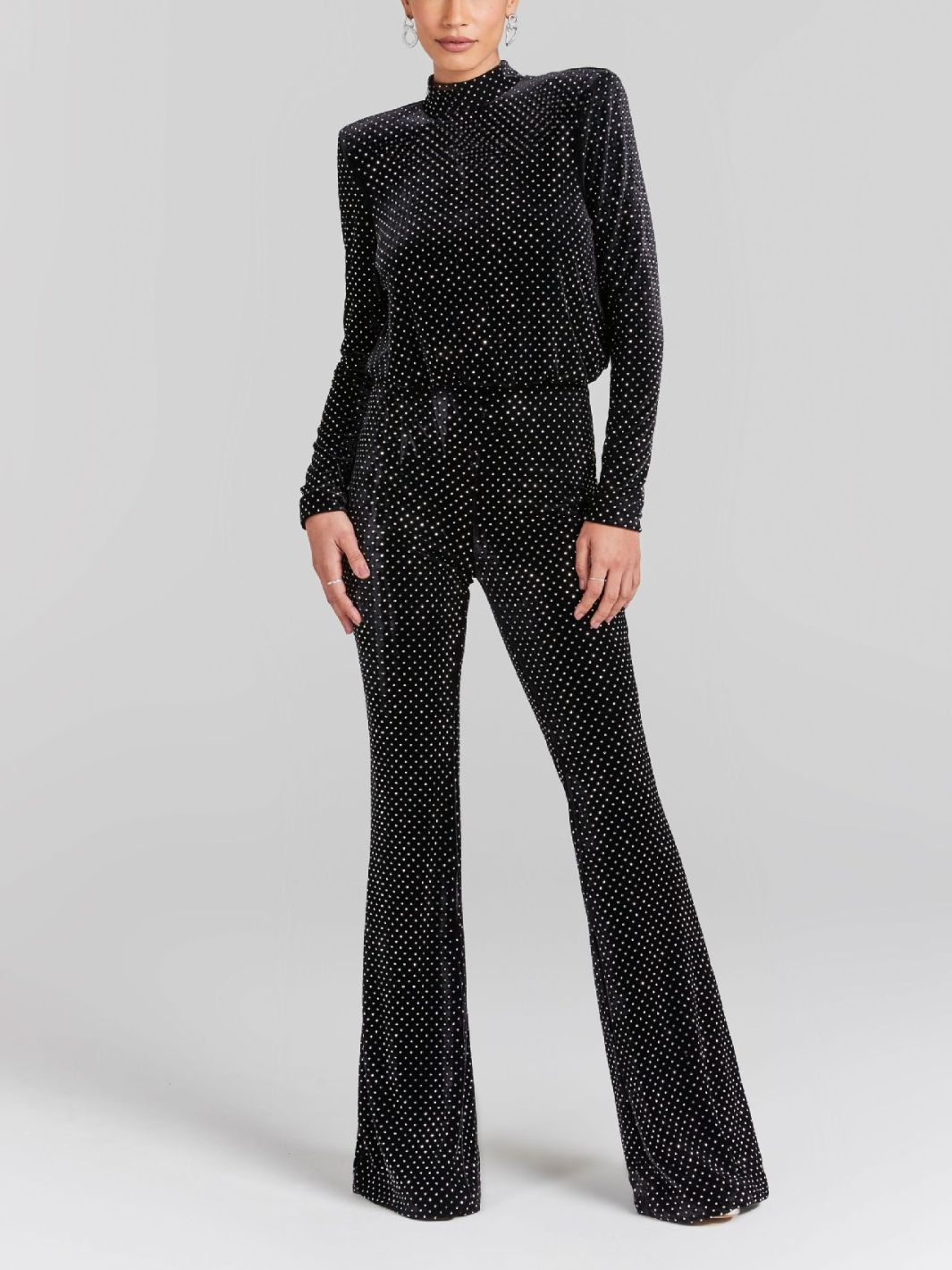 Fashionable Sequin Half High Neck Long Sleeved Jumpsuit