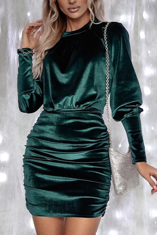 Green Velvet Puff Sleeve Ruched Bodycon Dress