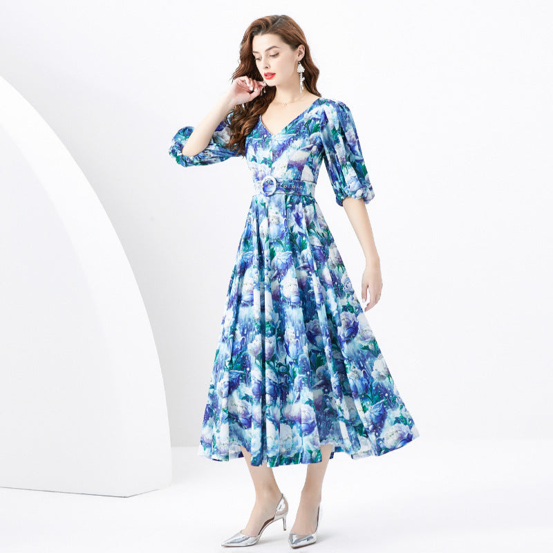 Retro Style V-neck Slim-fit Lantern Sleeve Painted Long Dress