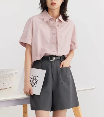 Neutral Casual Loose Double-row Stacked Placket Short Sleeve Shirt