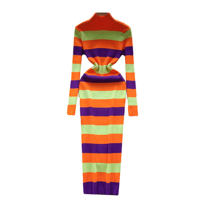 Knitted Dress Women's Mixed Color Stripe