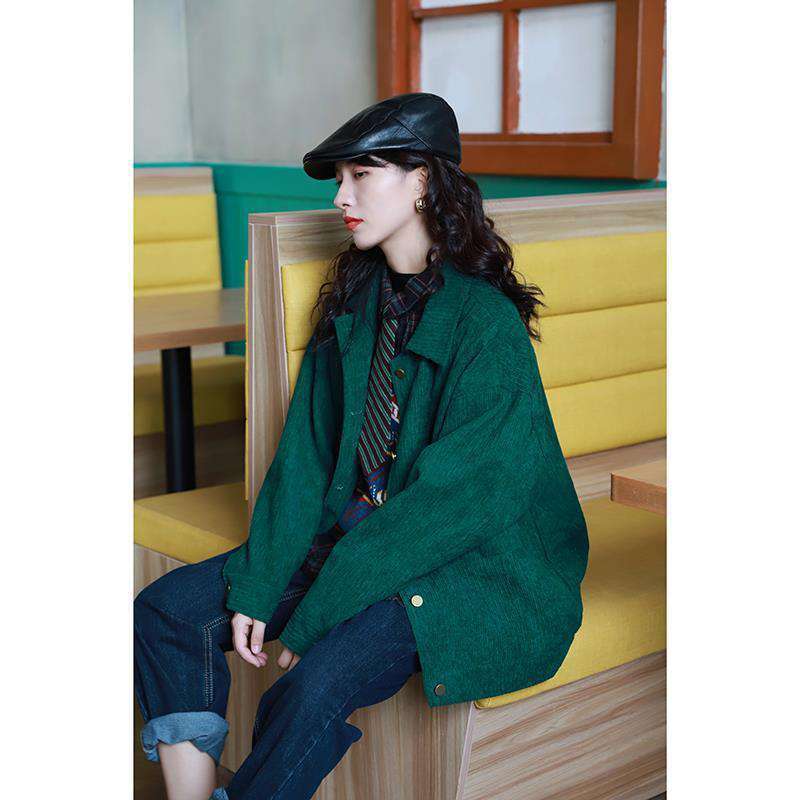 Retro Loose Wild Slim Straight Green Corduroy Jacket