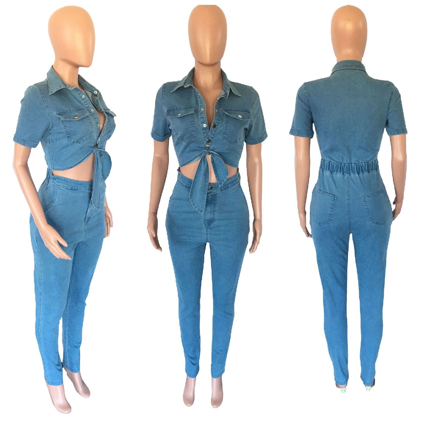 Slim Fit Fashion Short Sleeve Denim Jumpsuit